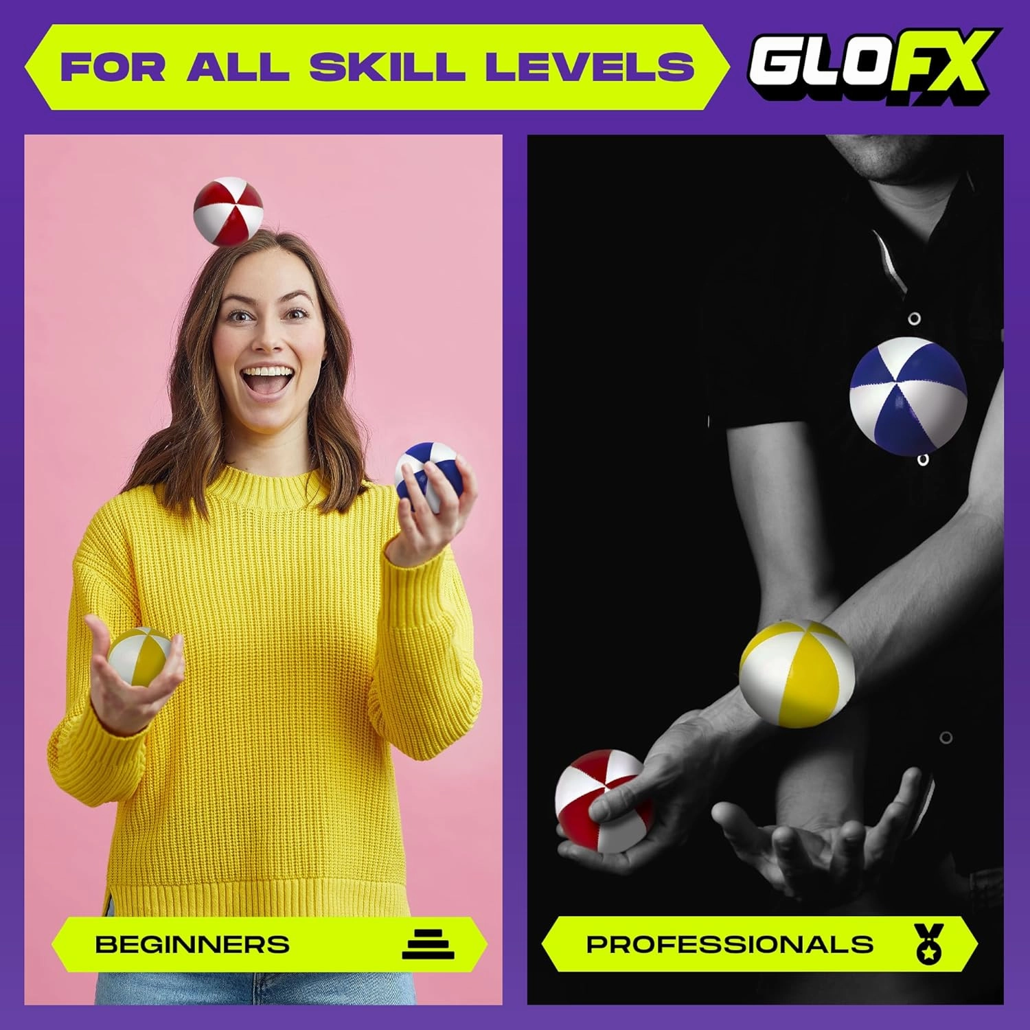 GloFX Juggling Balls [Pack of 3] for Beginners to Advanced Jugglers - No Bounce Design - Durable Weighted Juggle Ball Kit - 2 Layer Construction - Soft and Easy Juggling Kit - Mixed Colors