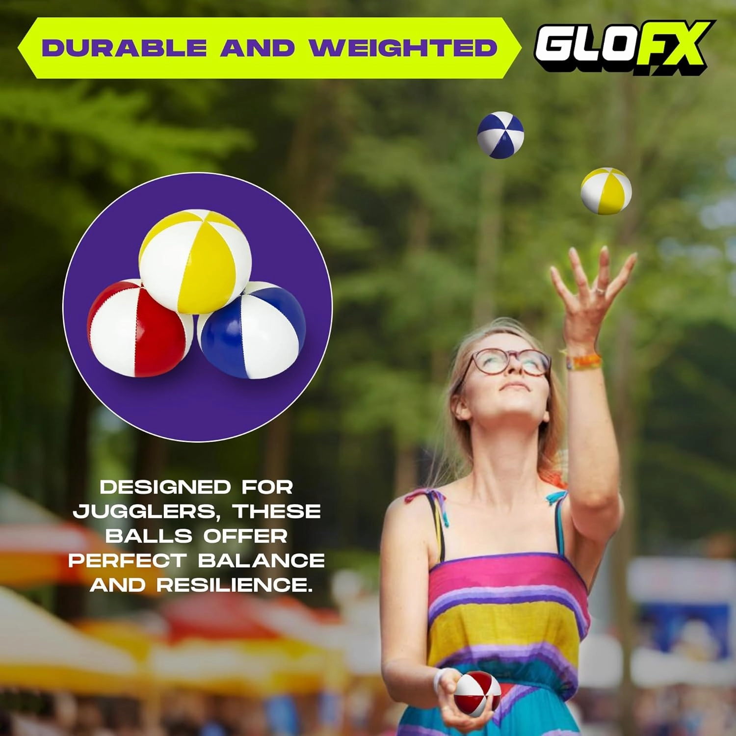 GloFX Juggling Balls [Pack of 3] for Beginners to Advanced Jugglers - No Bounce Design - Durable Weighted Juggle Ball Kit - 2 Layer Construction - Soft and Easy Juggling Kit - Mixed Colors