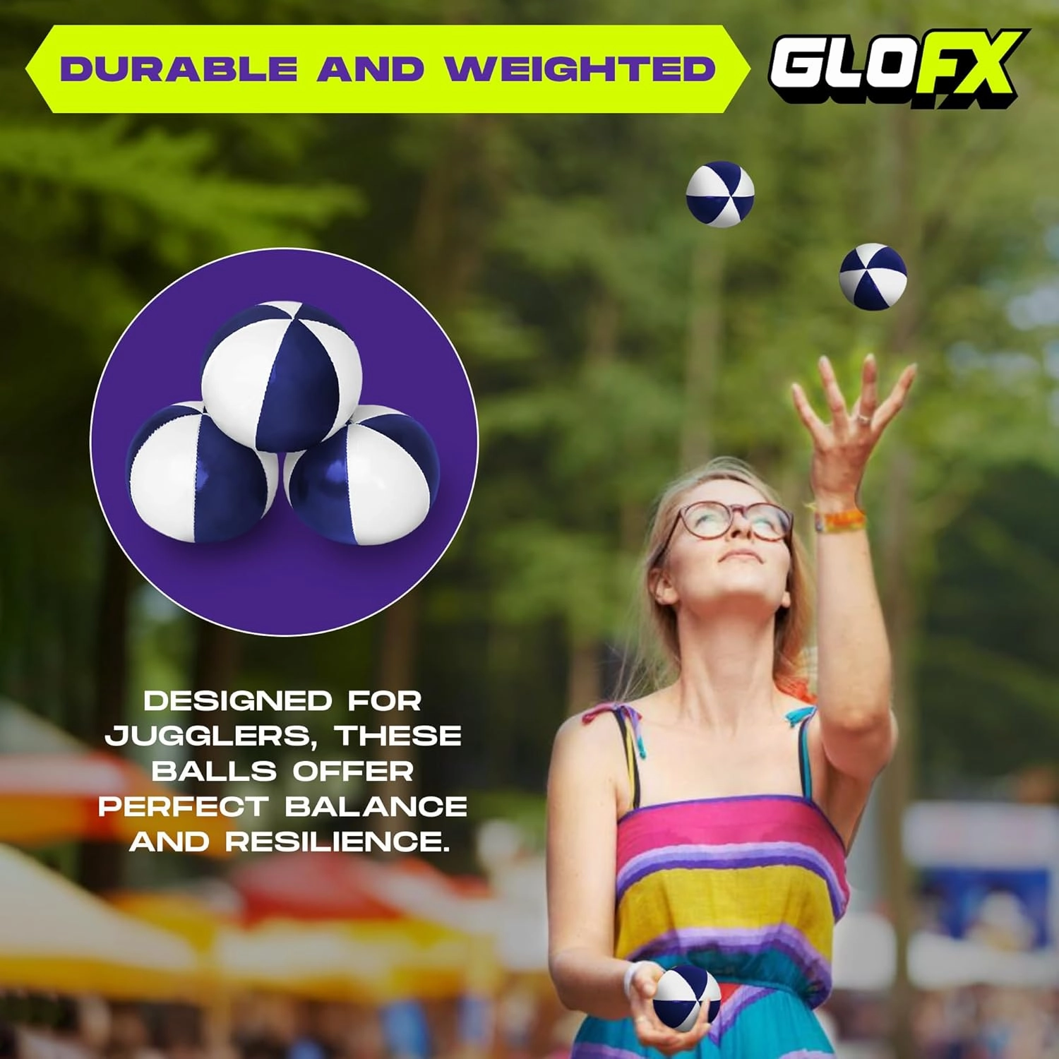 GloFX Juggling Balls [Pack of 3] for Beginners to Advanced Jugglers - No Bounce Design - Durable Weighted Juggle Ball Kit - 2 Layer Construction - Soft and Easy Juggling Kit - White & Blue