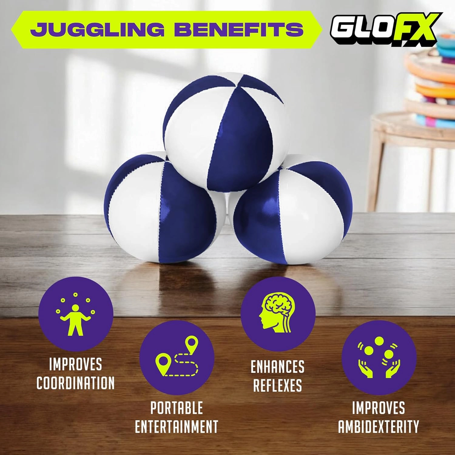 GloFX Juggling Balls [Pack of 3] for Beginners to Advanced Jugglers - No Bounce Design - Durable Weighted Juggle Ball Kit - 2 Layer Construction - Soft and Easy Juggling Kit - White & Blue