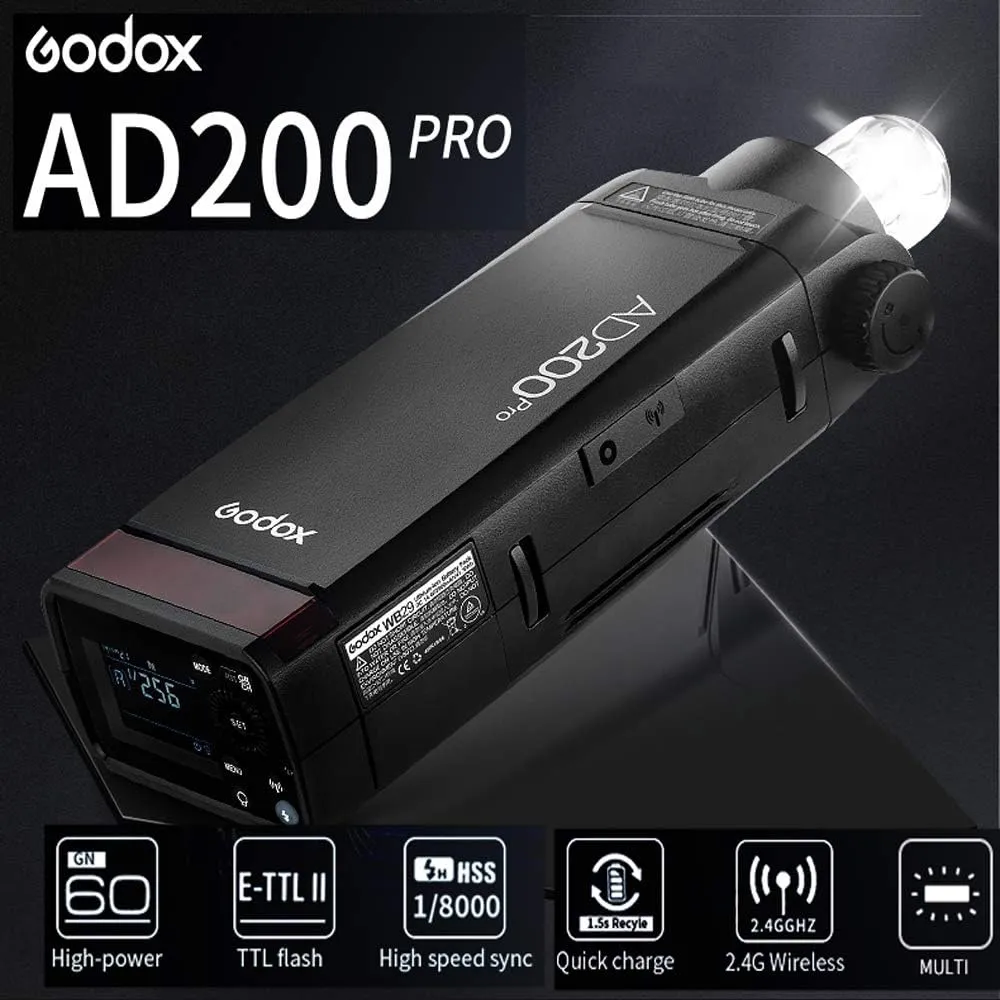 Godox AD200 Pro AD200Pro Flash Strobe, TTL Pocket Flash Monolight, 200W 2.4G Speedlite HSS 1/8000s 2900mAh Li-ion Battery, 500 Full Power Flashes, Bare Bulb/Speedlite Fresnel Flash Head