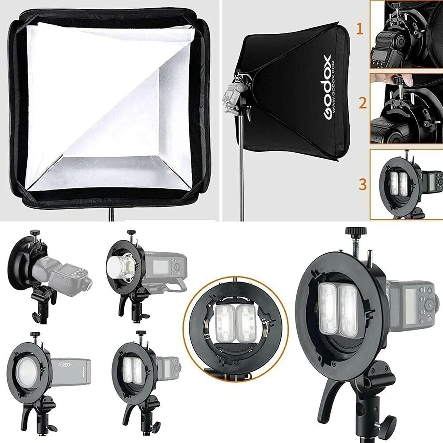 Godox AD200 Pro AD200Pro with Godox S2 Flash Speedlite S-Type Bracket and 24"x24" 60cmx60cm Softbox for Canon Sony Nikon Fujifilm Fuji Olympus Camera,500 Full Power Flashes,0.01-1.8s Recycling Time