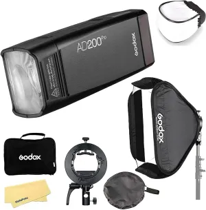 Godox AD200 Pro AD200Pro with Godox S2 Flash Speedlite S-Type Bracket and 24"x24" 60cmx60cm Softbox for Canon Sony Nikon Fujifilm Fuji Olympus Camera,500 Full Power Flashes,0.01-1.8s Recycling Time