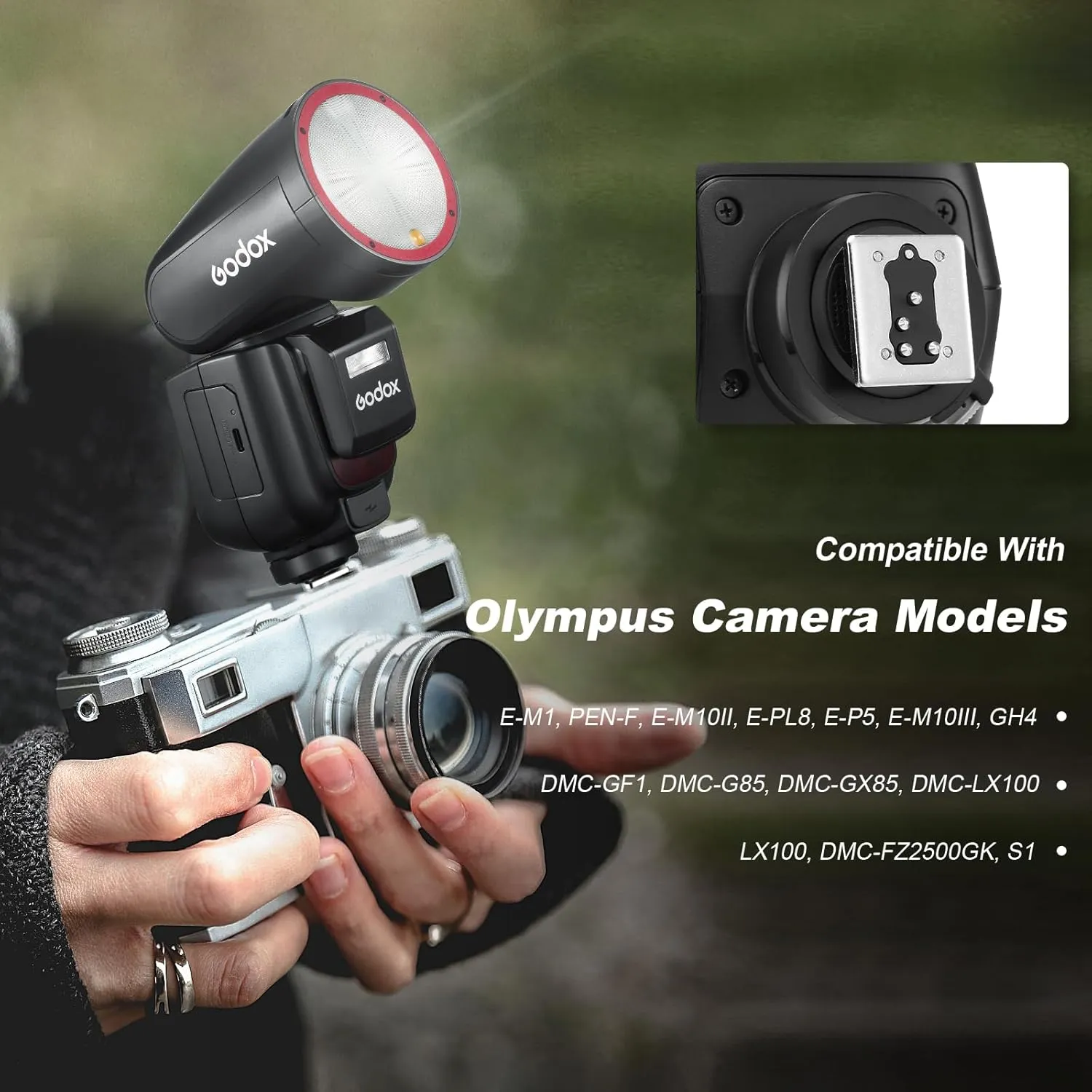 Godox V1 PRO O USA Version Flash for Olympus Panasonic Camera with External Flash SU-1 2980mAh 76W Battery Flash TTL 1/8000s HSS 1.3s Recycle Time 2.4G Wireless HSS 500 Full Power Flashes