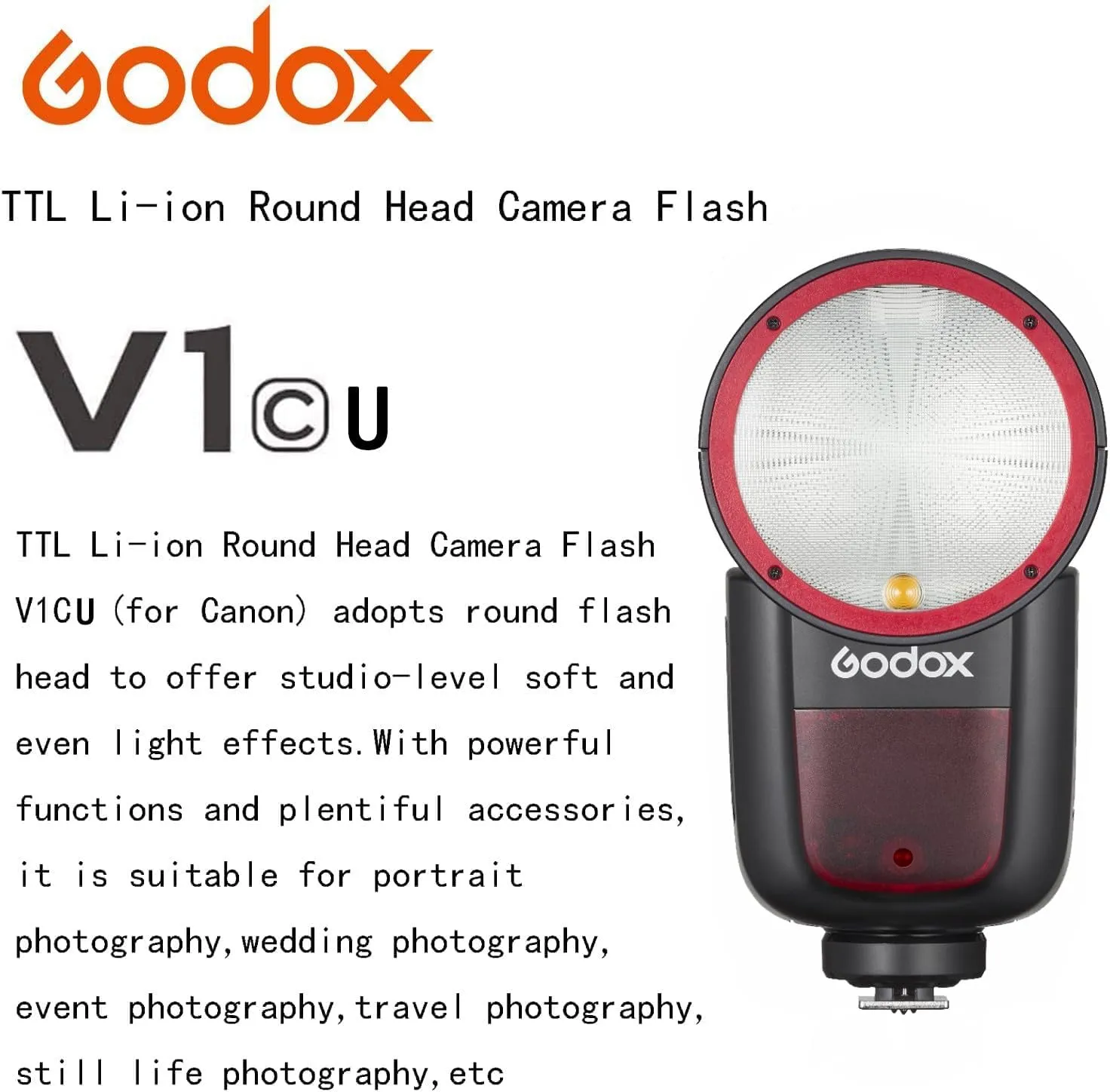 Godox V1 V1-C V1C USA Version Camera Flash for Canon Camera Flash Speedlite Speedlight,76Ws 2.4G TTL1/8000 HSS,480 Full Power Shots,1.5s Recycle Time,2600mAh Li-ion Battery,10 Levels LED Modeling Lamp