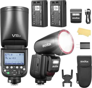 Godox V1proS with 2*Battery V1 Pro S USA Version Round Head Camera Flash 2980mAh 76W with External SU-1 1/8000s HSS 1.3s Recycle Time 2.4G Wireless TTL 500 Full Power for Sony ZV-E10, Alpha 7711 etc