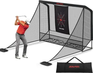 Golf Net, 10x7ft Golf Simulator Enclosure Net with Side Barriers, Low-Noise Silk Target, Carry Bag, 2 Sand Bags, 4 Stakes, Hiting Net for Backyard Driving Chipping Indoor Outdoor Use
