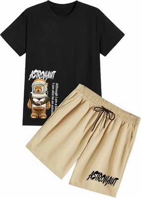 GORGLITTER Men's Shorts Set 2 Piece Outfits Graphic Tee and Drawstring Waist Track Shorts Set Streetwear
