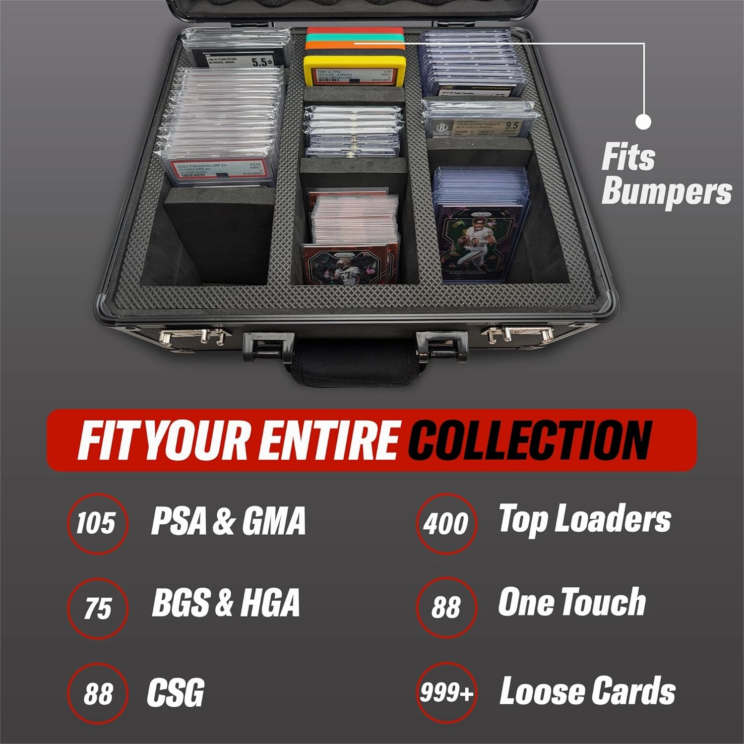 Graded Card Case, 3 Row, TSA Combination Lock, Duraguard Foam, PSA Slab Case for Graded Cards, Made for Card Shows - Black