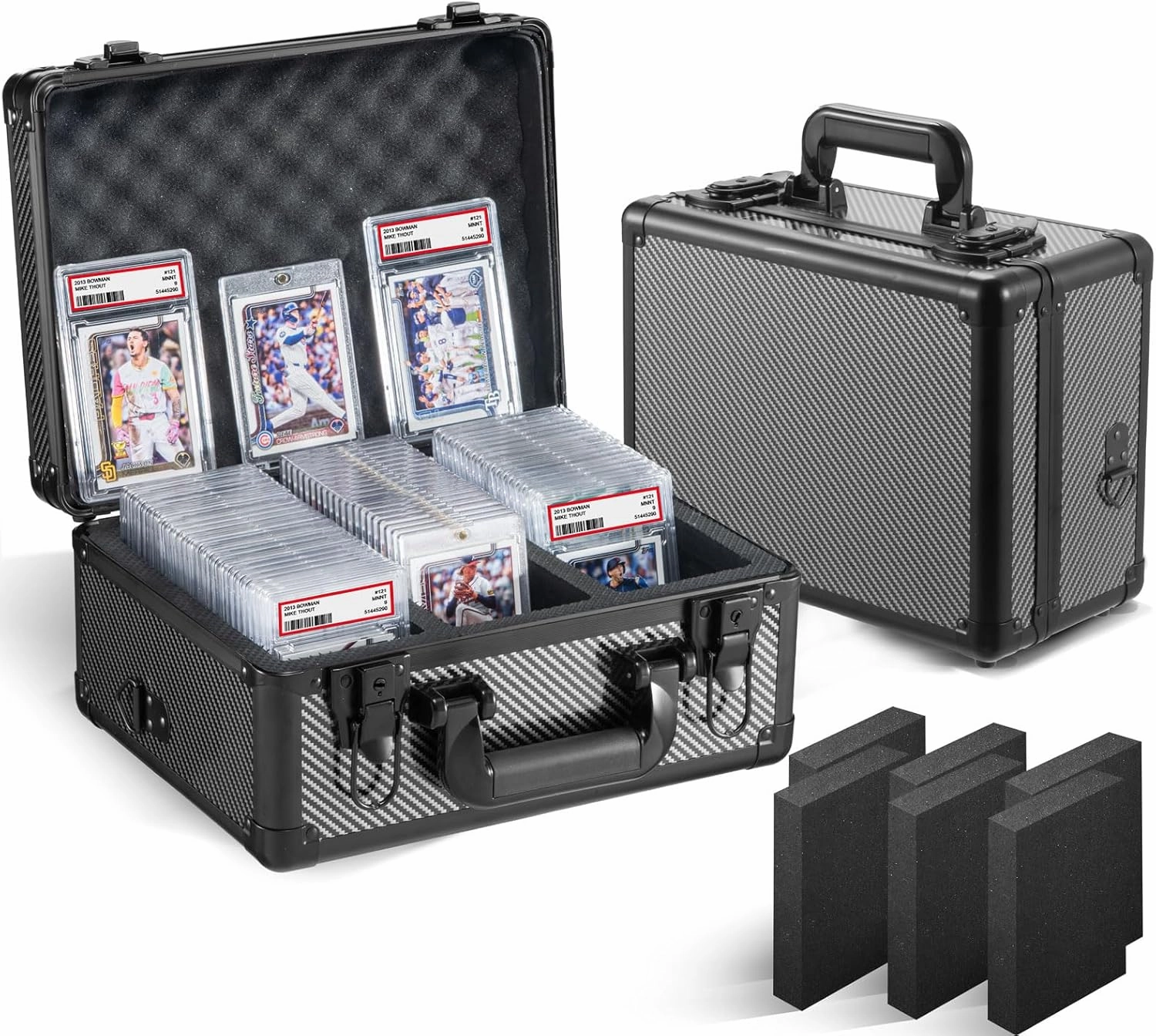 Graded Card Storage Box, Trading Cards Slab Carrying Case, 3 Row Carbon Fiber Hard Sports Cards Holder Boxes with 6 Dividers Fits for PSA BGS SGC Top Loaders Collection