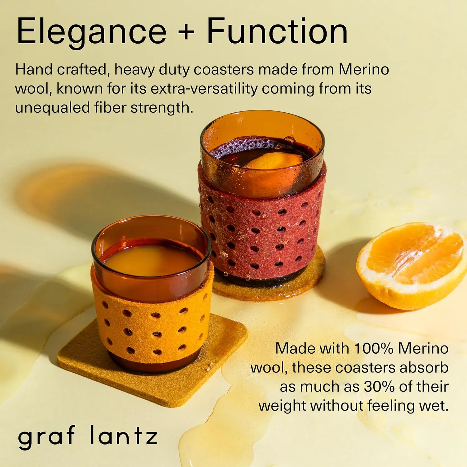 Graf Lantz - Bierfilzl Felt Coasters - Square - 100% Merino Wool - Moisture Wicking - Heat Resistant - Sustainable - Home Decor - Housewarming Gift - 4 Coaster Set - 4" x 4" x 5 mm - Turmeric