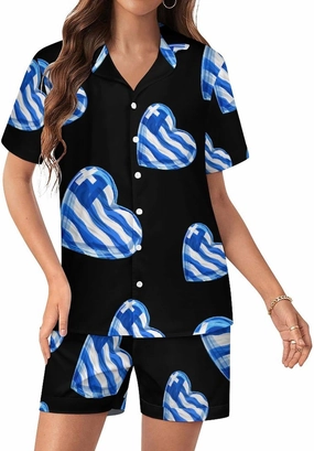 Greece Heart Art Flag Women's Satin Pajama Set Short Sleeve Button Down Sleepwear Loungewear Pj Set