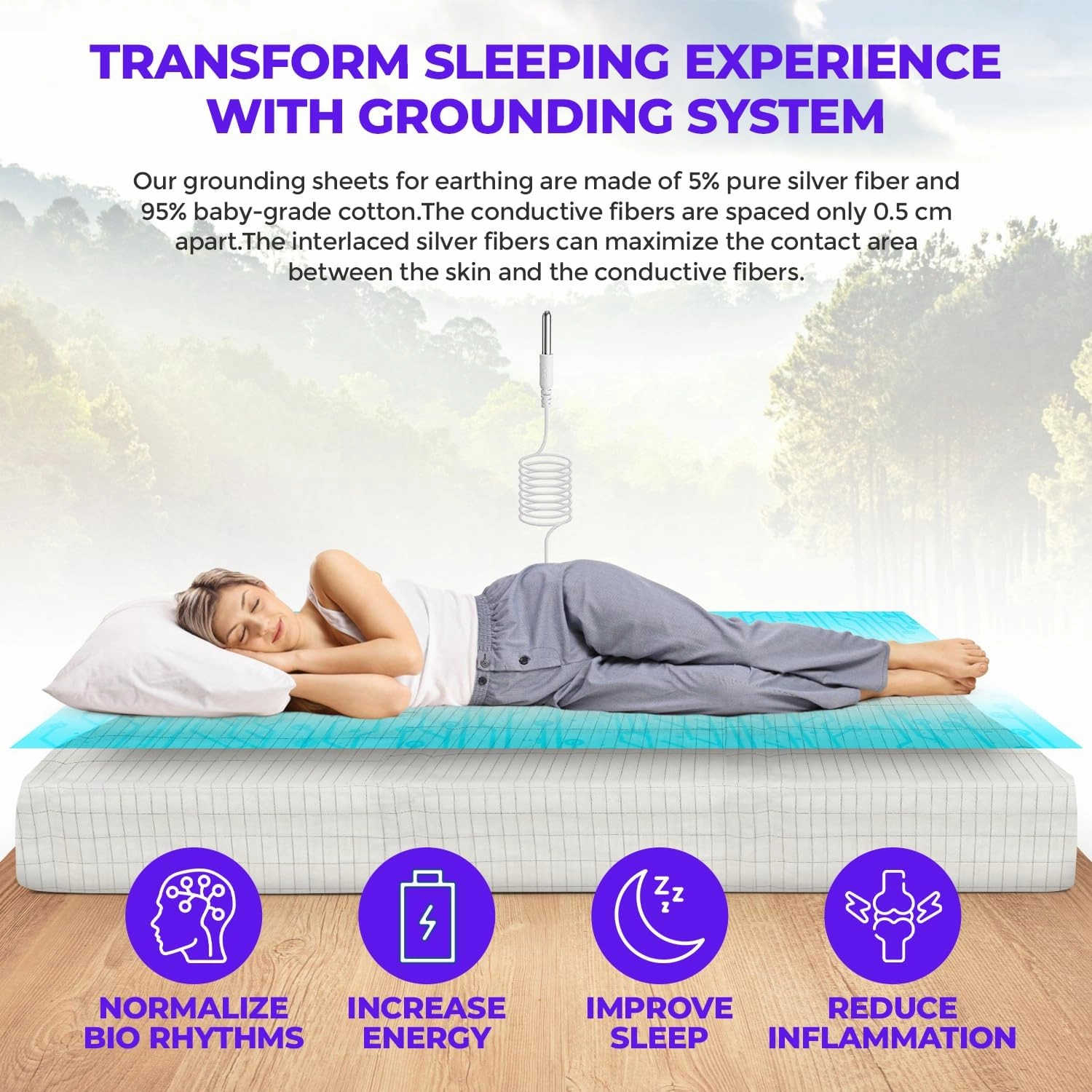 Grounding Fitted Sheet with Ground Cord, California King Size (72'x84'x13', White), Earthing Bed Sheets for Better Sleep, Organic Cotton and Pure Silver Fiber