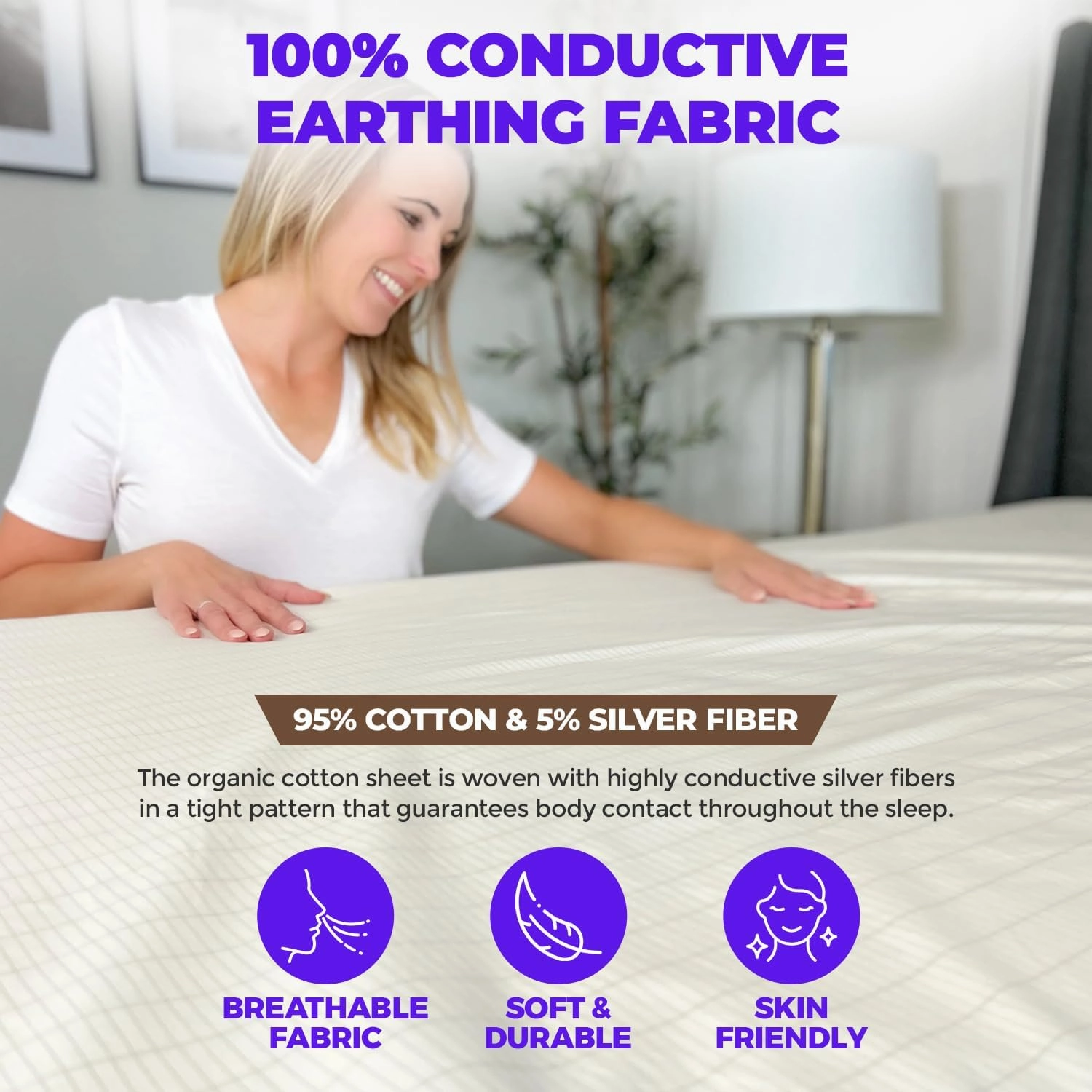 Grounding Fitted Sheet with Ground Cord, California King Size (72'x84'x13', White), Earthing Bed Sheets for Better Sleep, Organic Cotton and Pure Silver Fiber