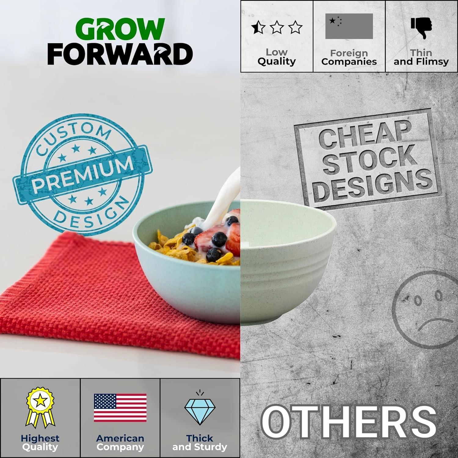 Grow Forward Premium Wheat Straw Bowls - 34oz Microwave Safe Plastic Cereal Bowls Set of 8 for Kitchen, Camping, RV, Dessert, Snack, Soup, Salad, Fruit - Reusable, Unbreakable & BPA Free - Tropical