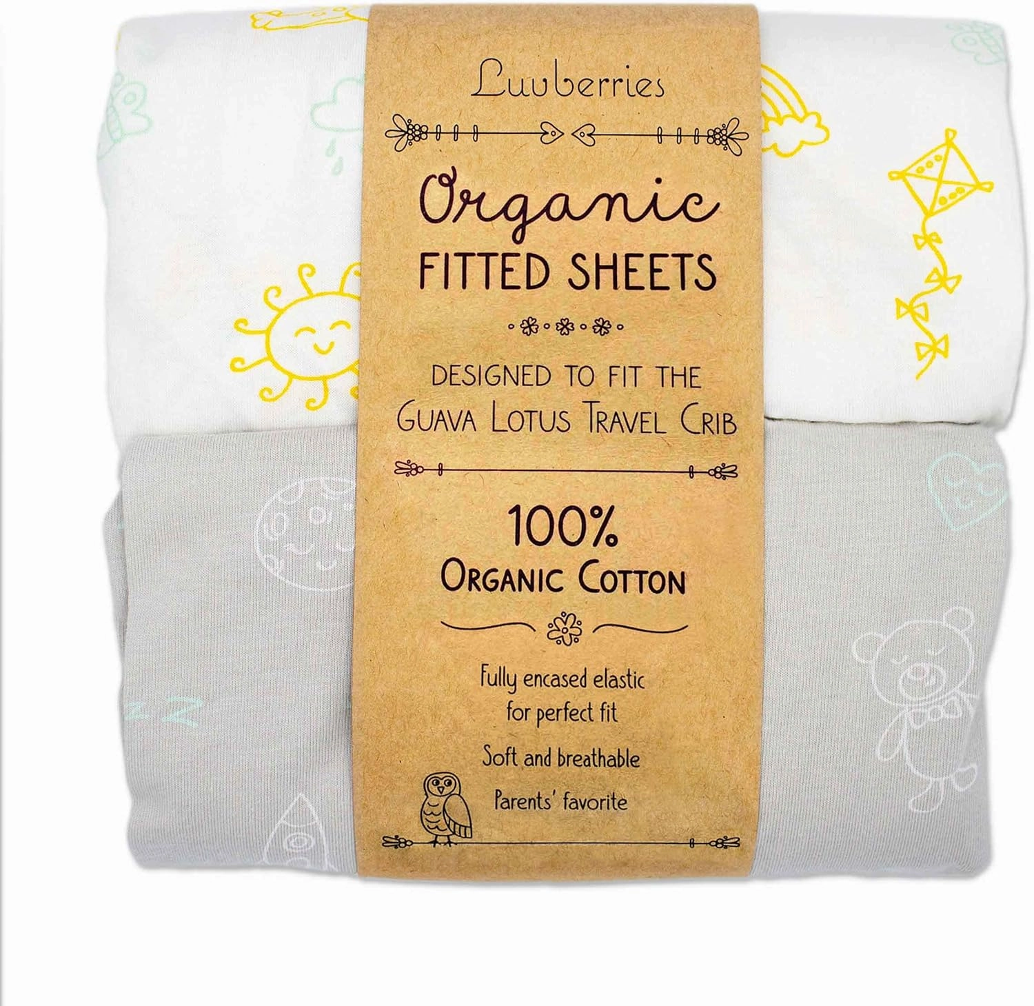 Guava Lotus Travel Crib Sheets (Set of 2) - 100% Organic Cotton Crib Sheets, Baby and Toddler, Fitted Crib Sheets, for Boys & Girls (for The New 4 TAB Mattress ONLY) (Day and Night)