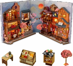 GuDoQi DIY Book Nook Kit, Dollhouse Wood Bookend, Booknook Bookshelf Insert, DIY Miniature Dollhouse Kit, Bookends Model Build for Adult, Gift for Birthday Easter Day, Sakura Japan Corner