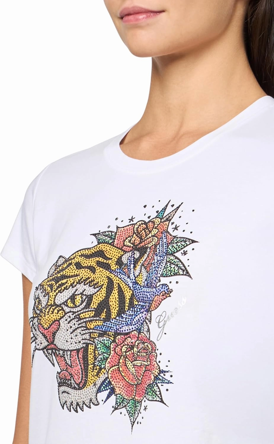 GUESS Women's Eco Short Sleeve Crystal Tiger R5 Tee
