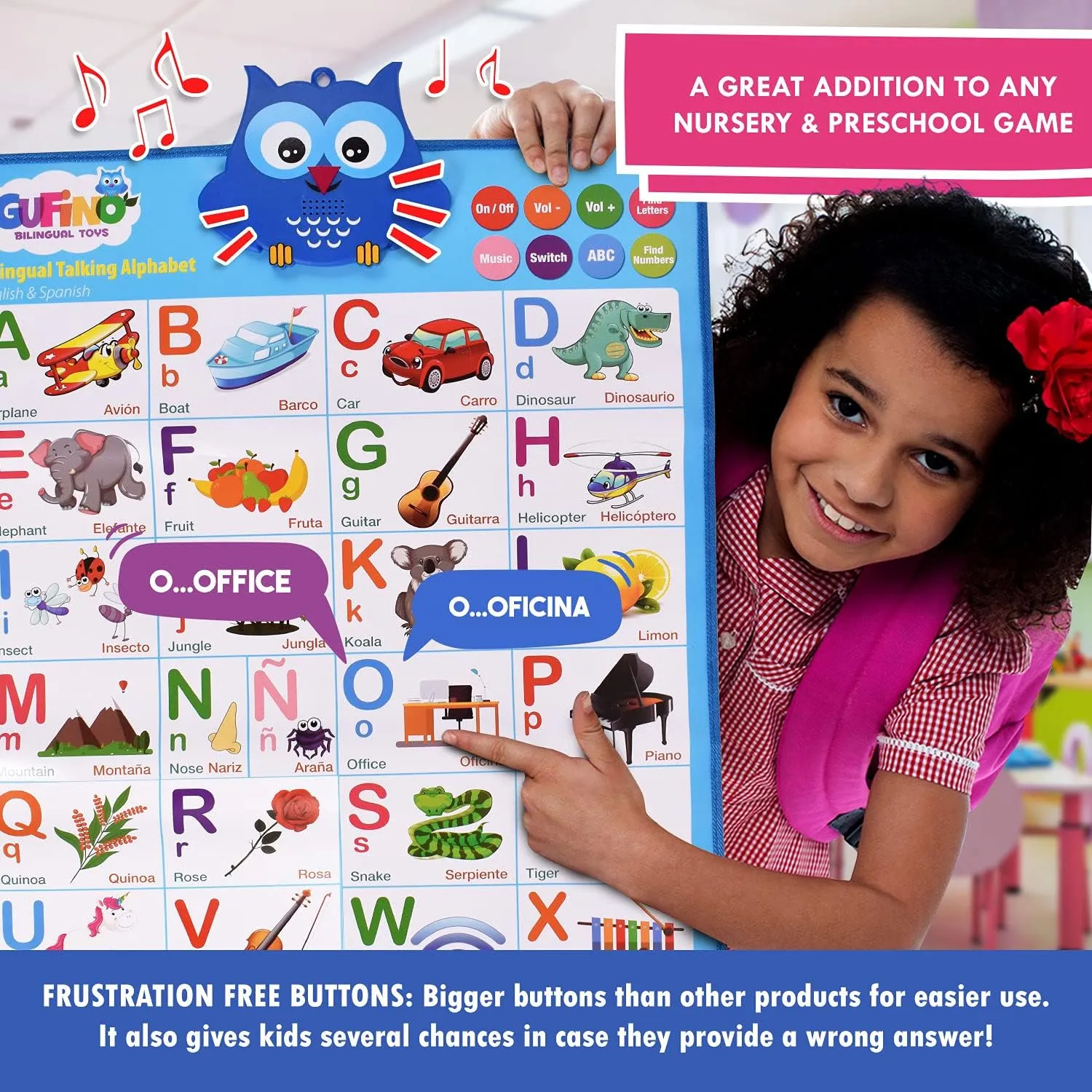 Gufino Alphabet Wall Chart - Bilingual Toys with Interactive Touch Buttons for Independent & Guided Learning - Ideal for Preschool Learning Activities & Spanish Classroom Supplies.