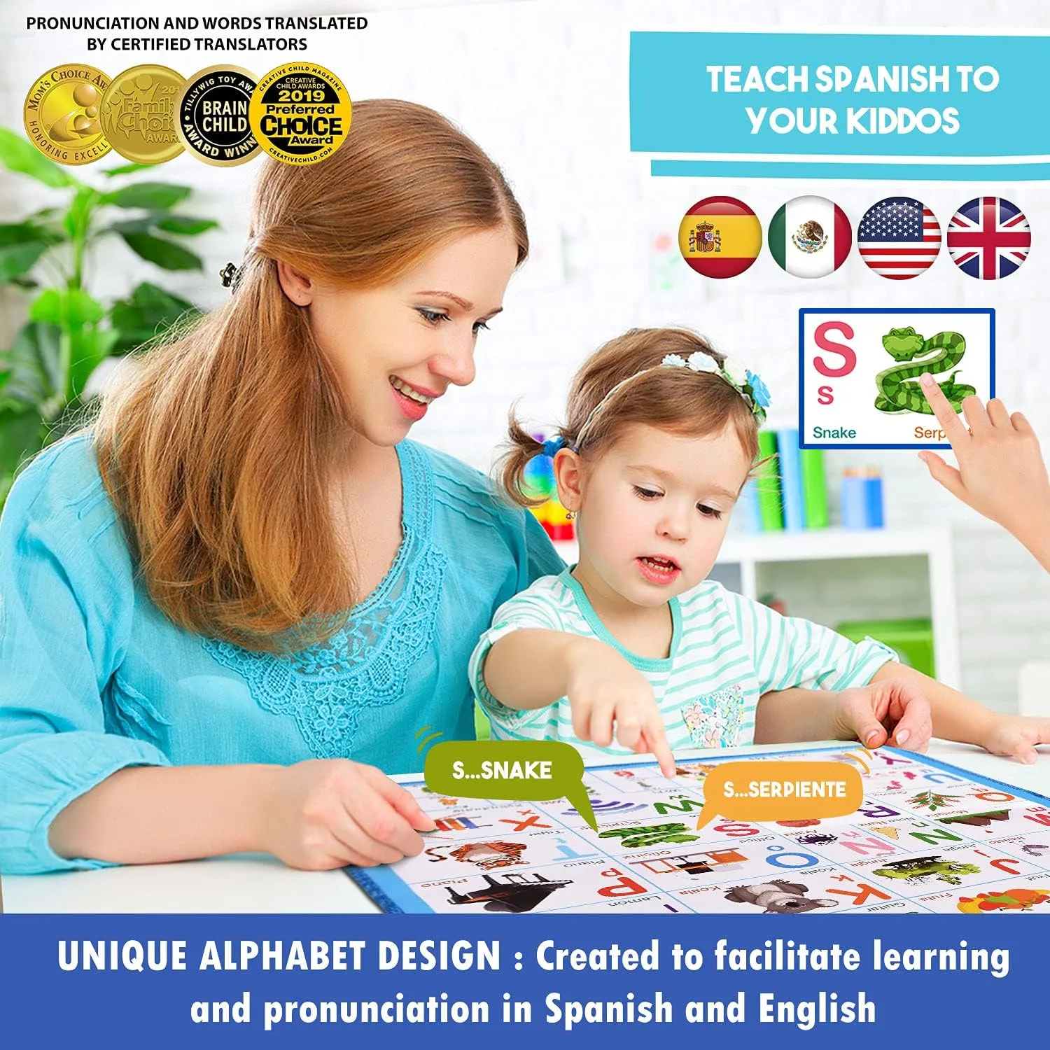 Gufino Alphabet Wall Chart - Bilingual Toys with Interactive Touch Buttons for Independent & Guided Learning - Ideal for Preschool Learning Activities & Spanish Classroom Supplies.