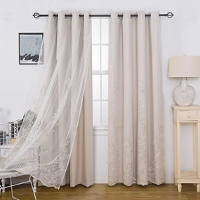 GYROHOME Double Layered Curtains with Embroidered White Sheer Tulle, Mix and Match Curtains Room Darkening Grommet Top Thermal Insulated Drapes,2Panels,52x84inch,Beige