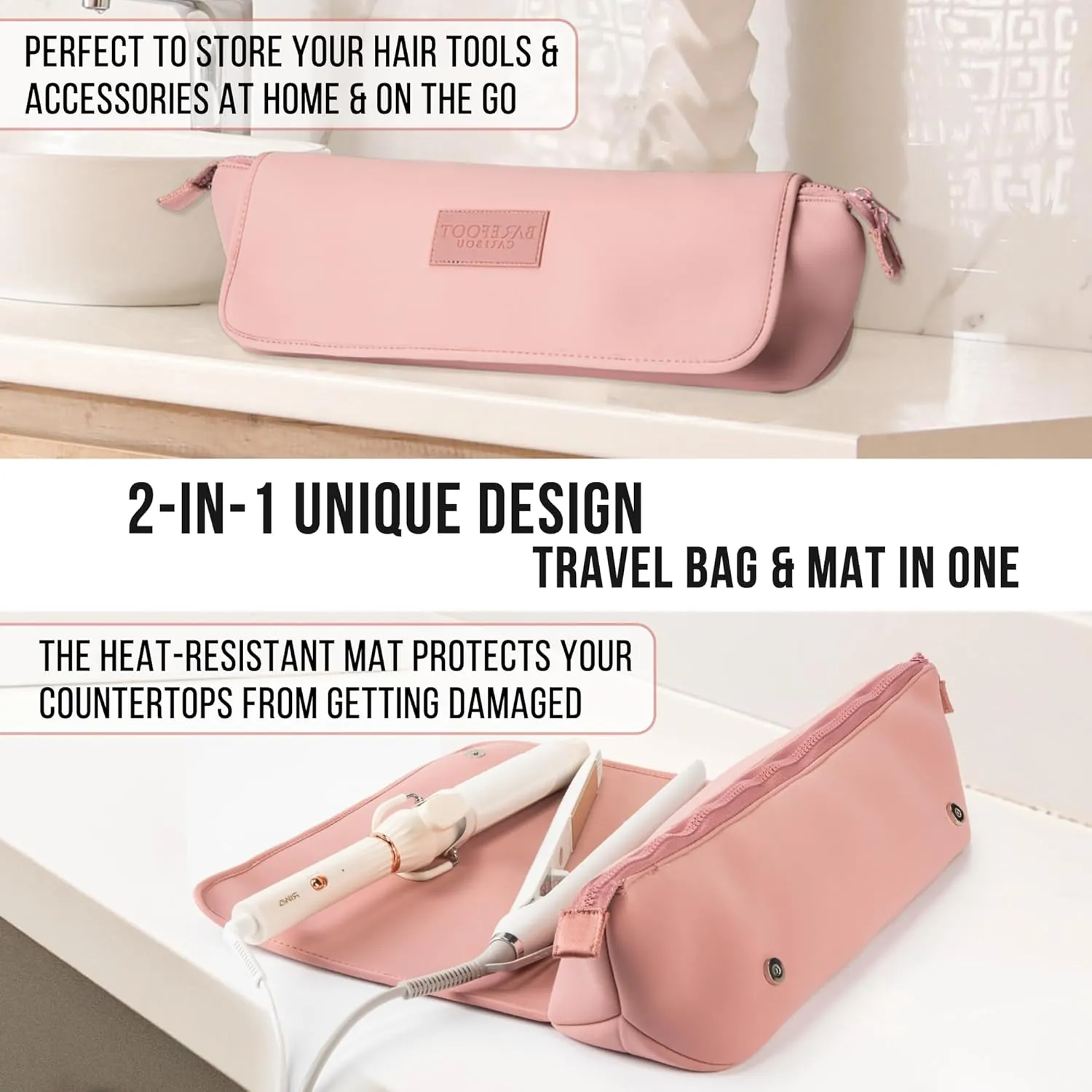 Hair Tools Travel Bag and Heat Resistant Mat for Flat Irons, Straighteners, Curling Iron, and Haircare Accessories, 2-in-1 design, with Interior Pockets, Portable Organizer