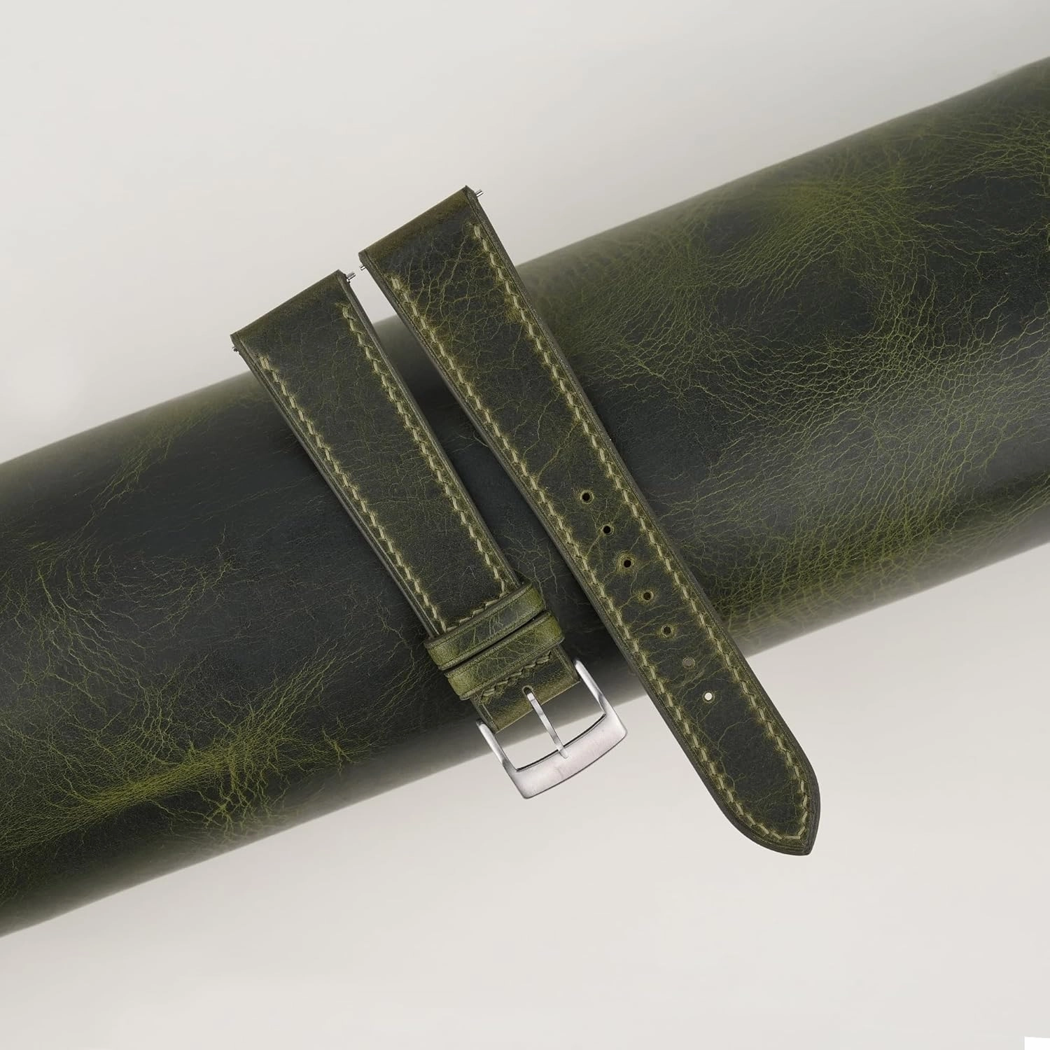 Handmade Waxed Leather Watch Strap, Quick Release Leather Watch Bands 16mm 18mm 19mm 20mm 22mm For Men And Women (Olive)