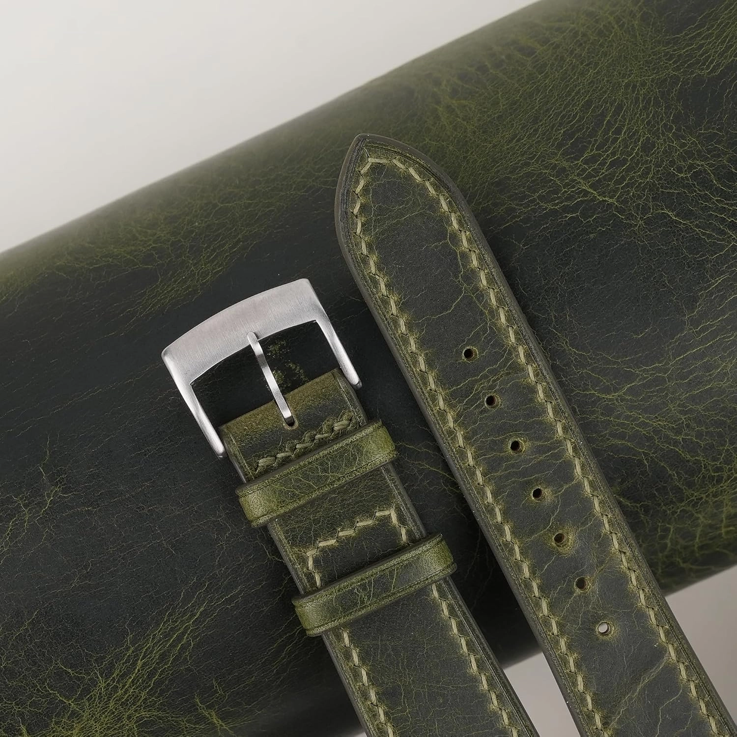 Handmade Waxed Leather Watch Strap, Quick Release Leather Watch Bands 16mm 18mm 19mm 20mm 22mm For Men And Women (Olive)