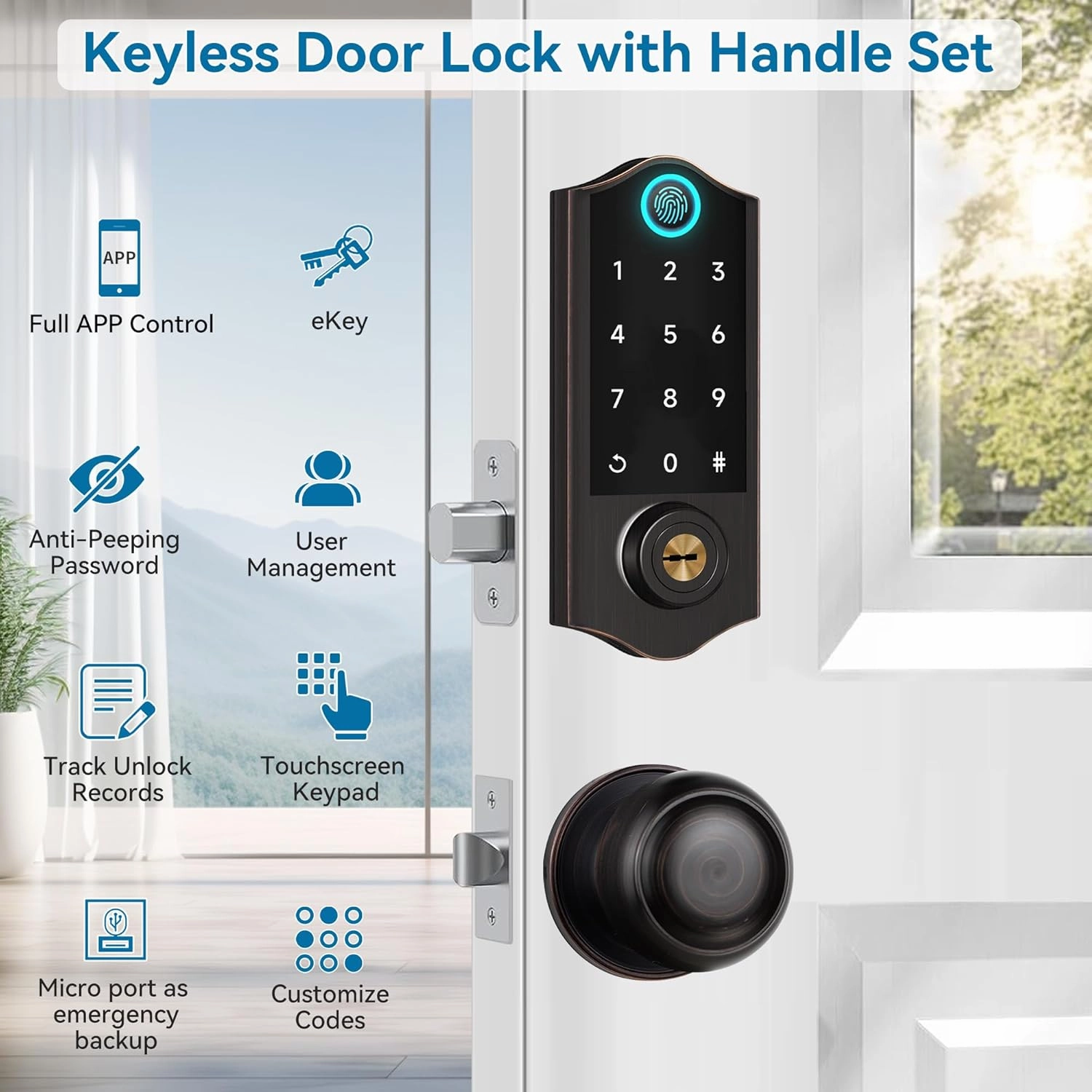 Harfo Fingerprint Smart Door Locks for Front Door with Handle Set, App Control, Keyless Entry Door Lock Keypad Deadbolt, Bluetooth Digital Electronic Touchscreen, Easy Install, Auto Lock, Aged Bronze