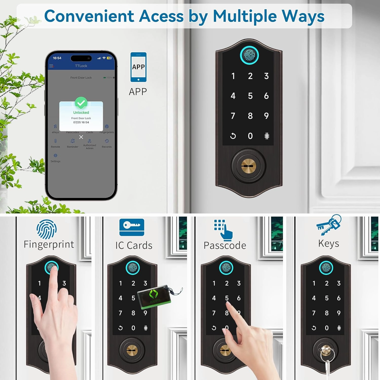 Harfo Fingerprint Smart Door Locks for Front Door with Handle Set, App Control, Keyless Entry Door Lock Keypad Deadbolt, Bluetooth Digital Electronic Touchscreen, Easy Install, Auto Lock, Aged Bronze