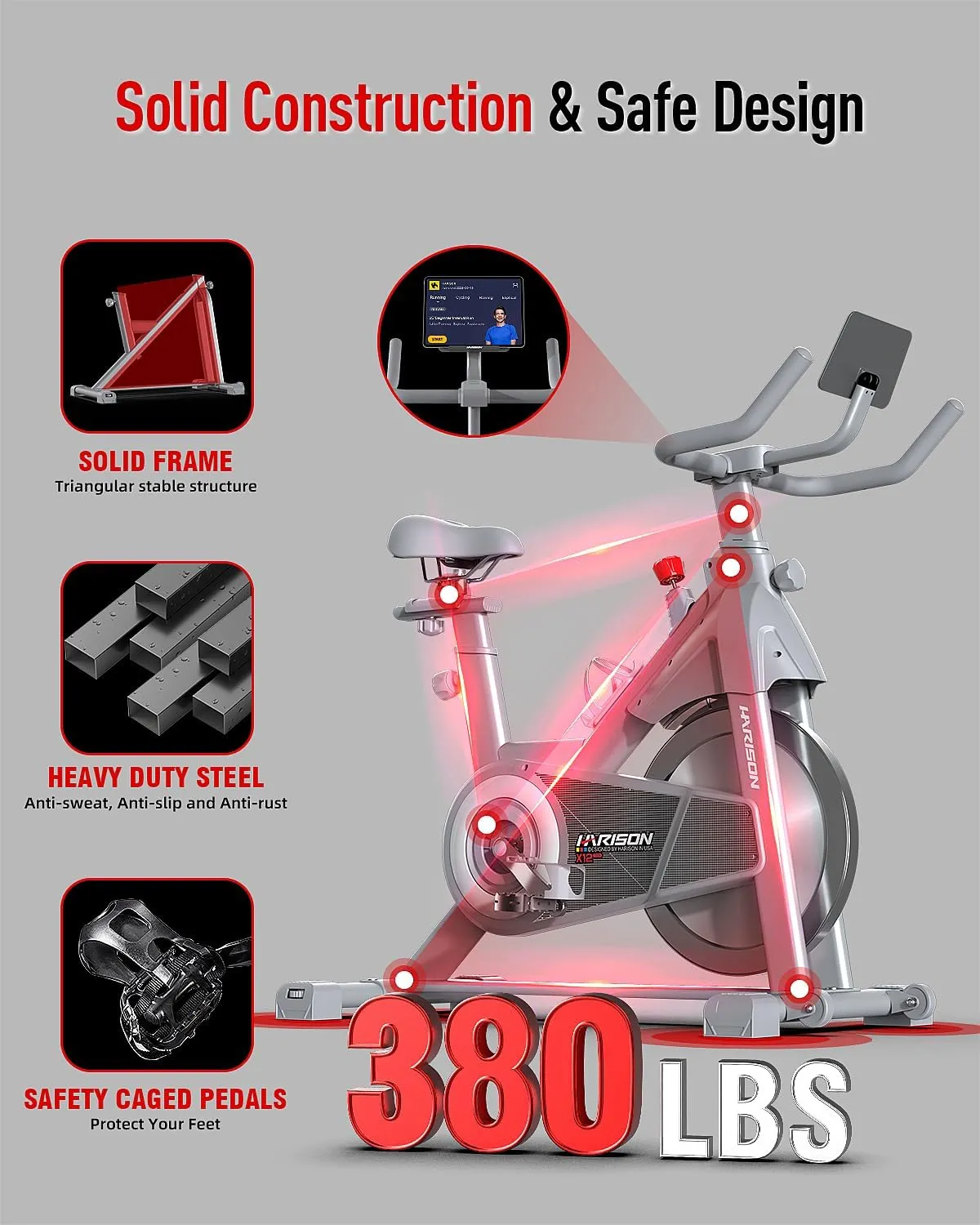 HARISON Exercise Bike, Stationary Bike for Home 350/380 lbs Weight Capacity, Magnetic Workout Bike with Bluetooth App, Brake Pad Indoor Cycling Bike with Tablet Mount & Comfortable Seat Cushion