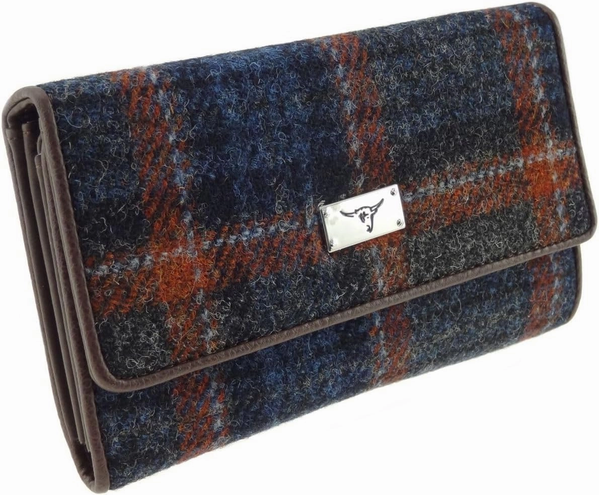 Harris Tweed Ladies Fold-Over Purse - Scottish Wool Wallet with Magnetic Closure - Elegant Women’s Travel & Card Wallet - Grey with Rust Overcheck Tartan