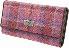 Harris Tweed Ladies Fold-Over Purse - Scottish Wool Wallet with Magnetic Closure - Elegant Women’s Travel & Card Wallet - Pink Check Tartan