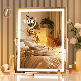 Hasipu Vanity Mirror with Lights, 10.6" x 13.8" LED Makeup Mirror with 10X Magnification, Smart Touch 3 Colors Dimmable, Brightness Adjustment, 360° Rotation, White