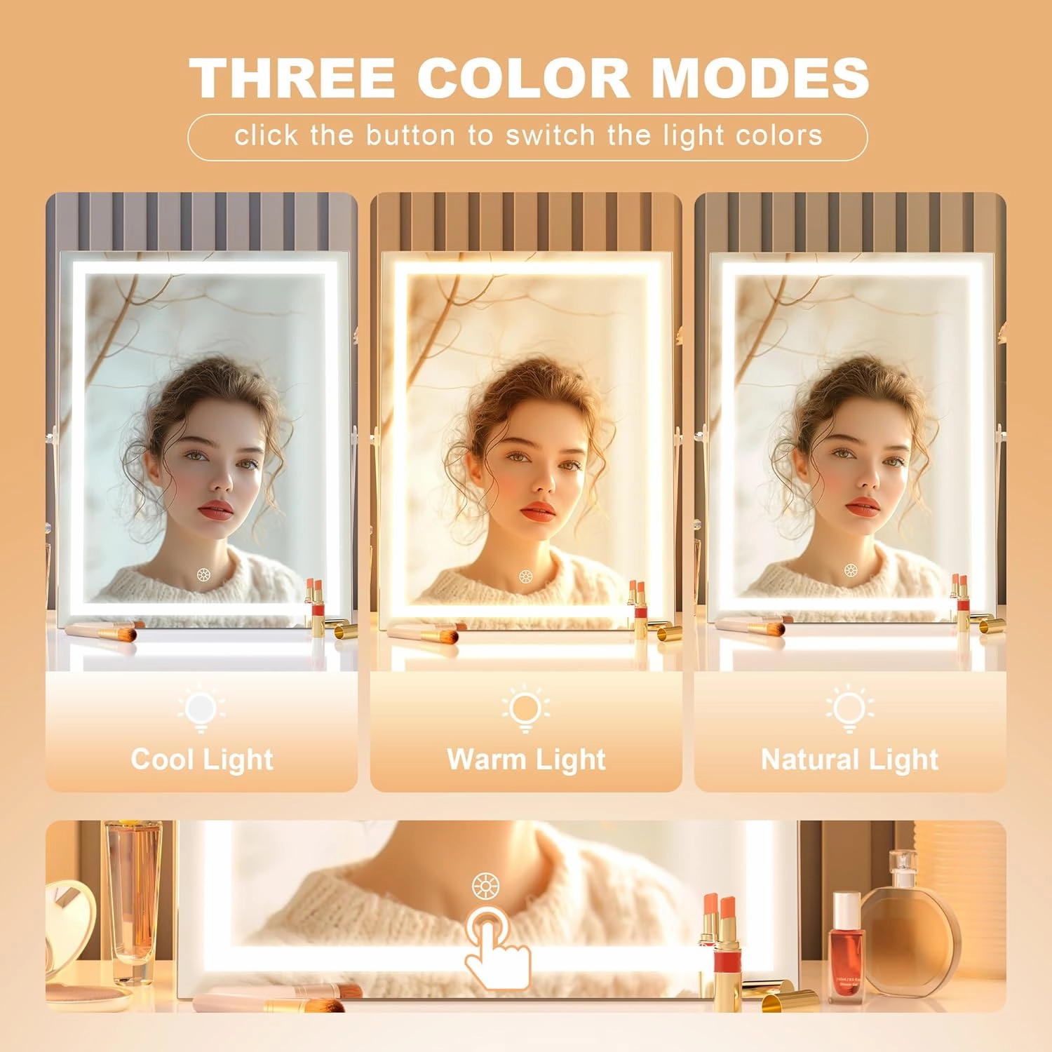 Hasipu Vanity Mirror with Lights, 10.6" x 13.8" LED Makeup Mirror with 10X Magnification, Smart Touch 3 Colors Dimmable, Brightness Adjustment, 360° Rotation, White
