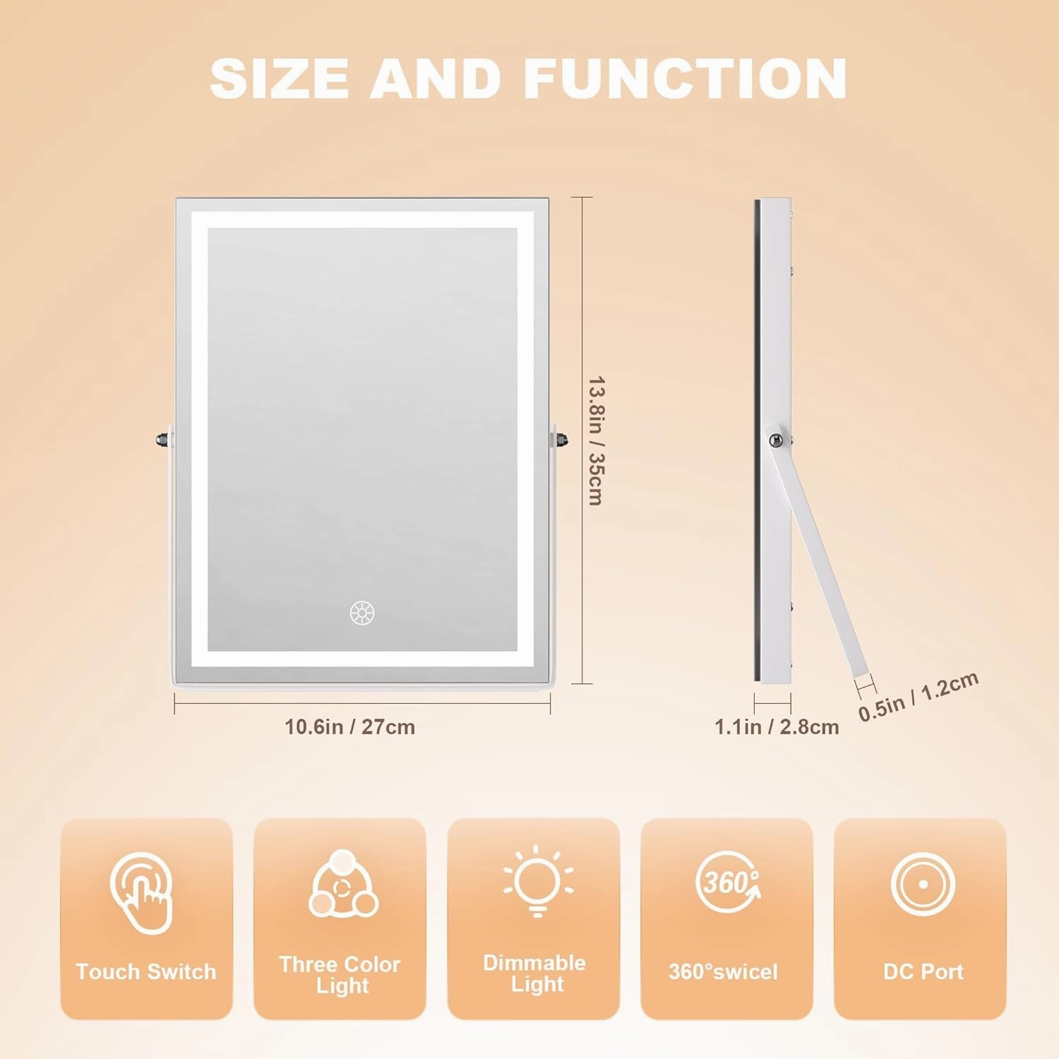 Hasipu Vanity Mirror with Lights, 10.6" x 13.8" LED Makeup Mirror with 10X Magnification, Smart Touch 3 Colors Dimmable, Brightness Adjustment, 360° Rotation, White