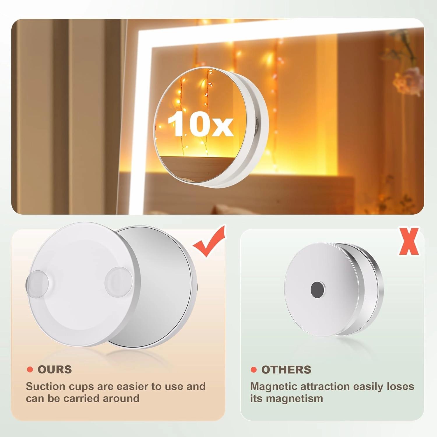 Hasipu Vanity Mirror with Lights, 10.6" x 13.8" LED Makeup Mirror with 10X Magnification, Smart Touch 3 Colors Dimmable, Brightness Adjustment, 360° Rotation, White