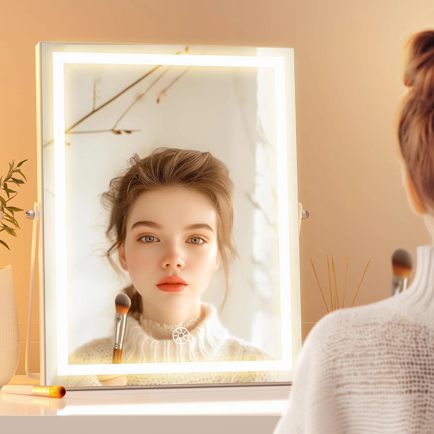 Hasipu Vanity Mirror with Lights, 10.6" x 13.8" LED Makeup Mirror with 10X Magnification, Smart Touch 3 Colors Dimmable, Brightness Adjustment, 360° Rotation, White