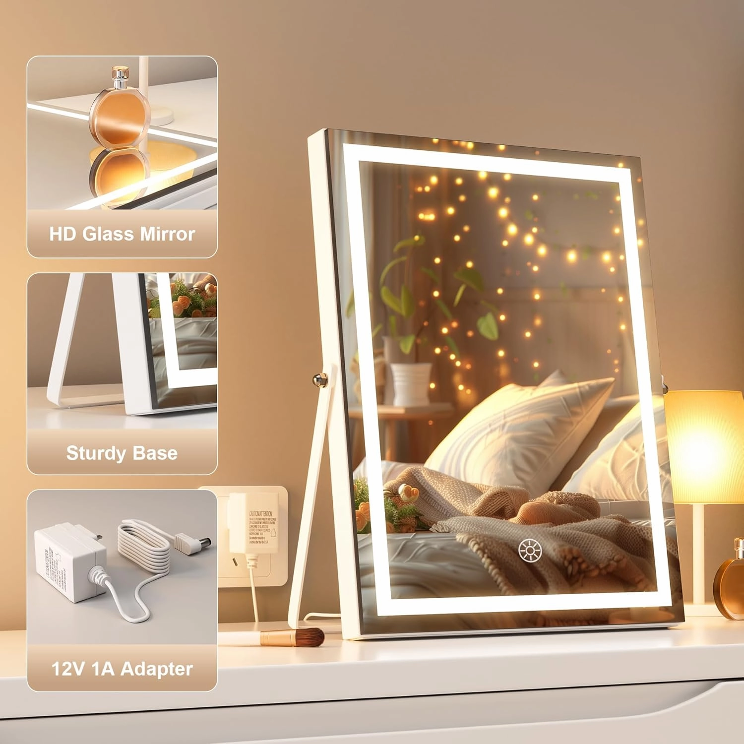 Hasipu Vanity Mirror with Lights, 10.6" x 13.8" LED Makeup Mirror with 10X Magnification, Smart Touch 3 Colors Dimmable, Brightness Adjustment, 360° Rotation, White