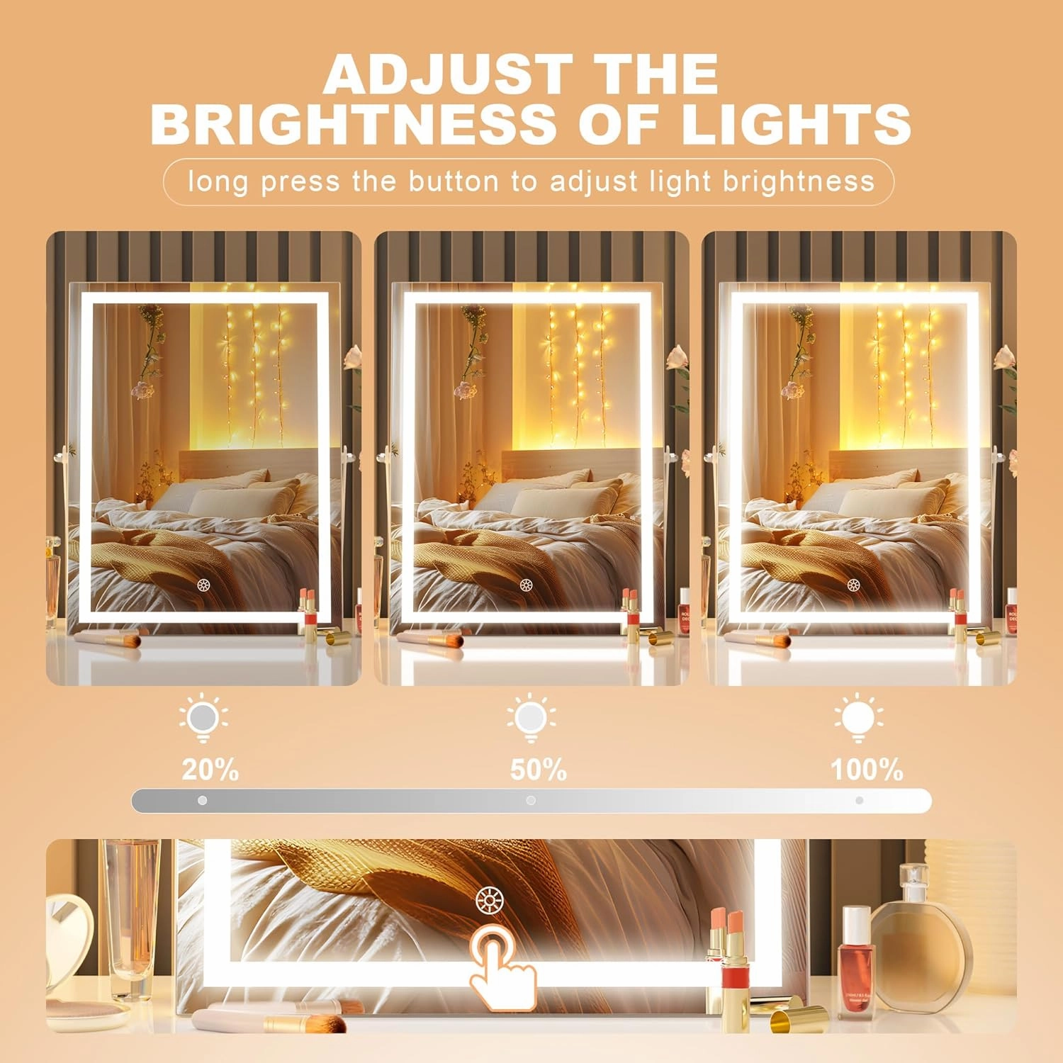 Hasipu Vanity Mirror with Lights, 10.6" x 13.8" LED Makeup Mirror with 10X Magnification, Smart Touch 3 Colors Dimmable, Brightness Adjustment, 360° Rotation, White