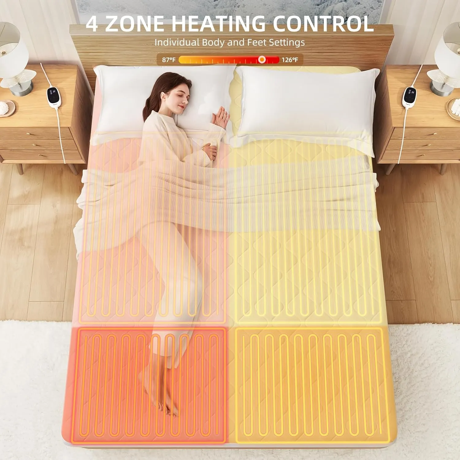 Heated Mattress Pad Quilted Multizone Electric Mattress pad Individual Body and Feet Bed Warmer 9 Heat Settings 1-12 Hours Auto Off Deep Pocket Fast Heating Machine Washable Queen 60''x80''