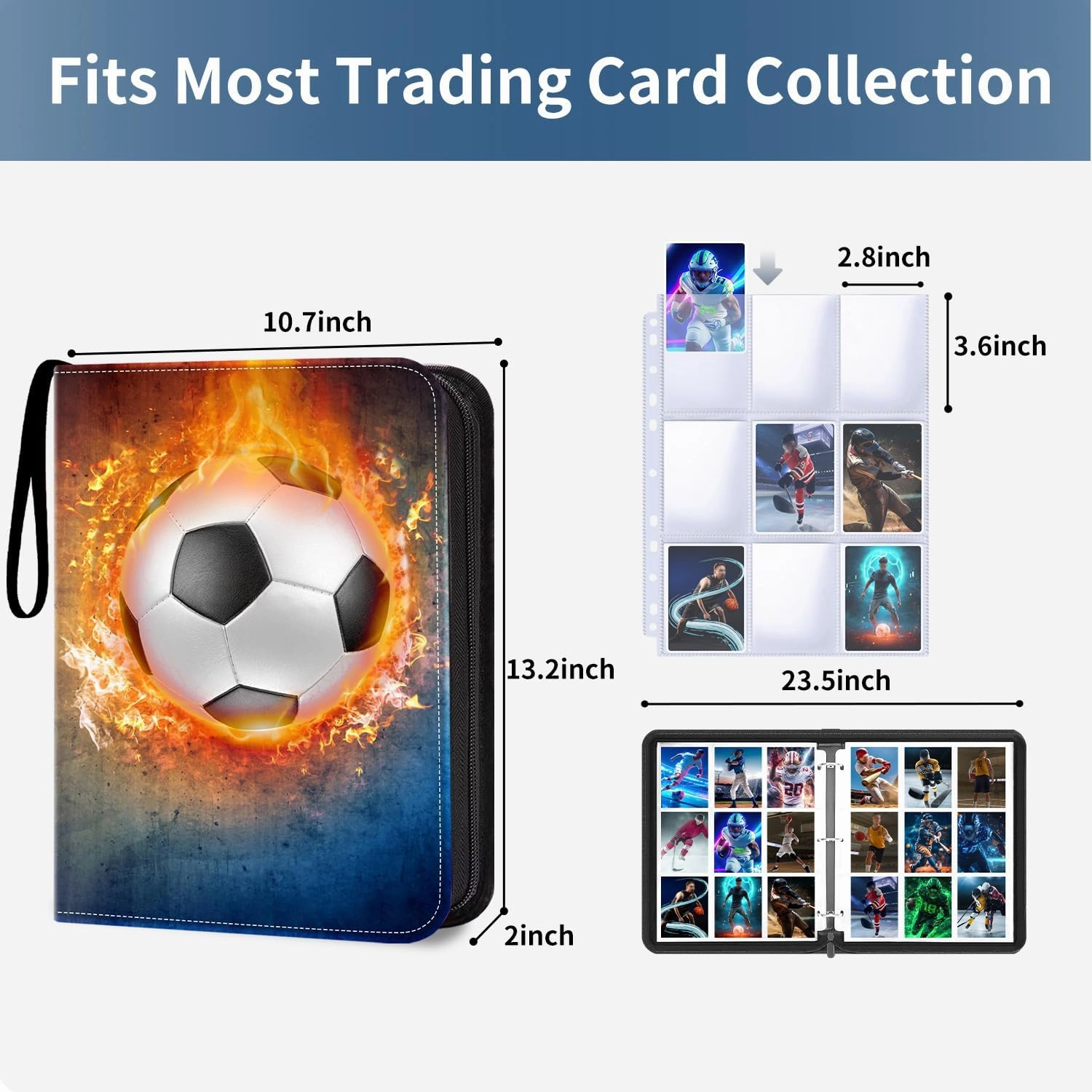 HESTECH 900 Pockets Soccer Card Binder, Trading Card Binder 9 Pocket with 50 Removable Sleeves for Football Baseball or Game Sports Trading Cards, 3 Ring Card Holder Binder, Collector Storage Album