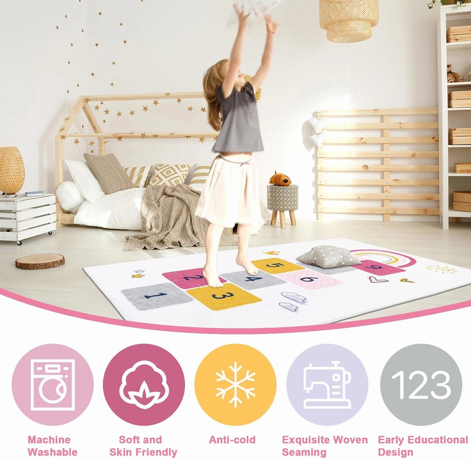 HiiARug Hopscotch Kids Rug 3'x5' Fun and Educational Playroom Rug Soft Durable Rainbow Floor Carpet Kid’s Play Mat for Bedroom, Playroom, Nursery, Gift for Girls & Boys(Colorful)