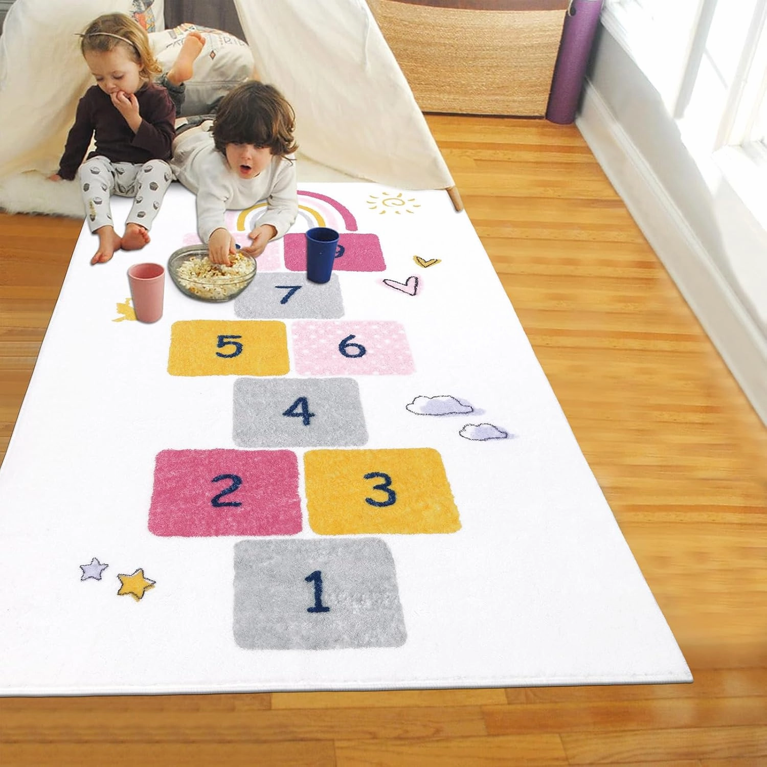 HiiARug Hopscotch Kids Rug 3'x5' Fun and Educational Playroom Rug Soft Durable Rainbow Floor Carpet Kid’s Play Mat for Bedroom, Playroom, Nursery, Gift for Girls & Boys(Colorful)