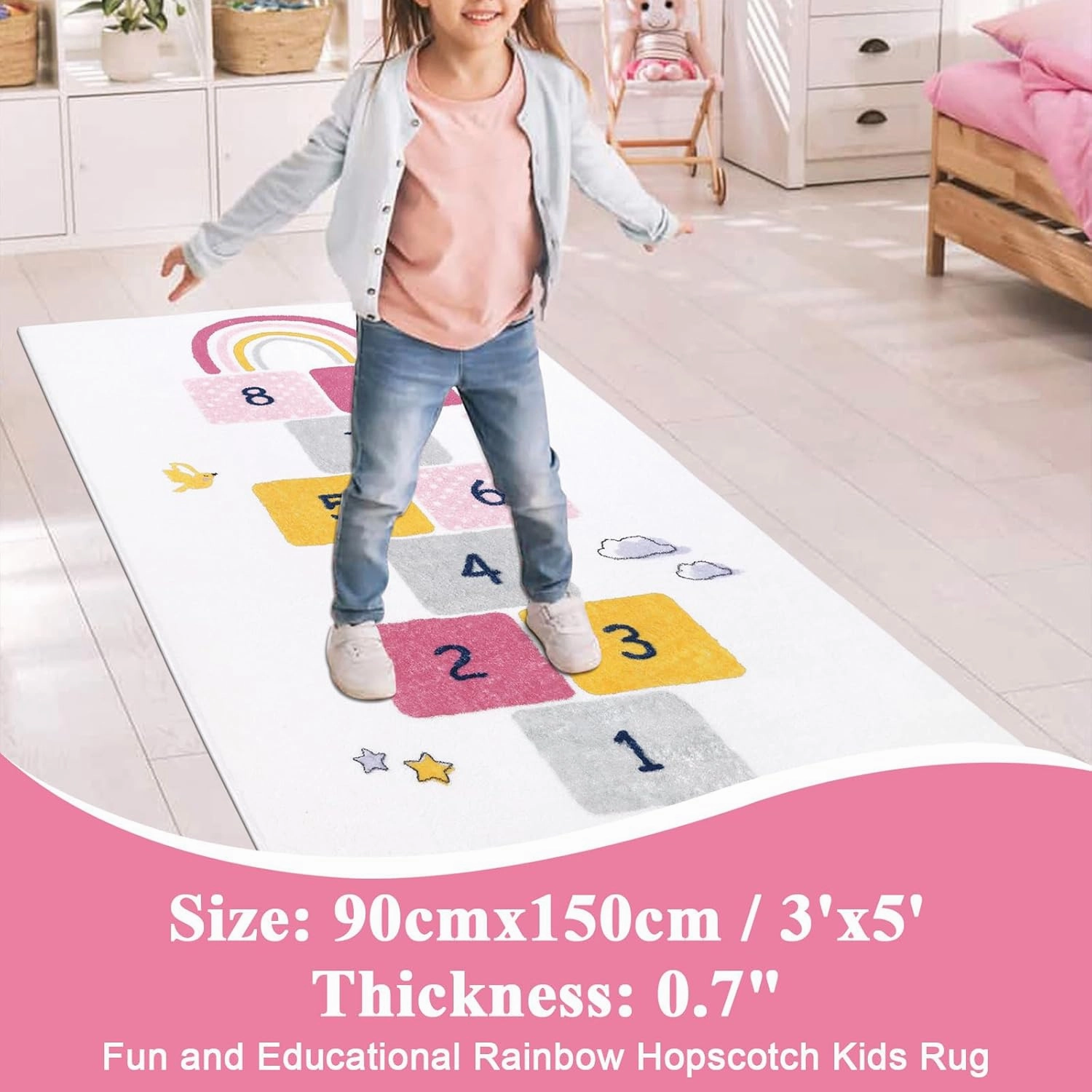 HiiARug Hopscotch Kids Rug 3'x5' Fun and Educational Playroom Rug Soft Durable Rainbow Floor Carpet Kid’s Play Mat for Bedroom, Playroom, Nursery, Gift for Girls & Boys(Colorful)