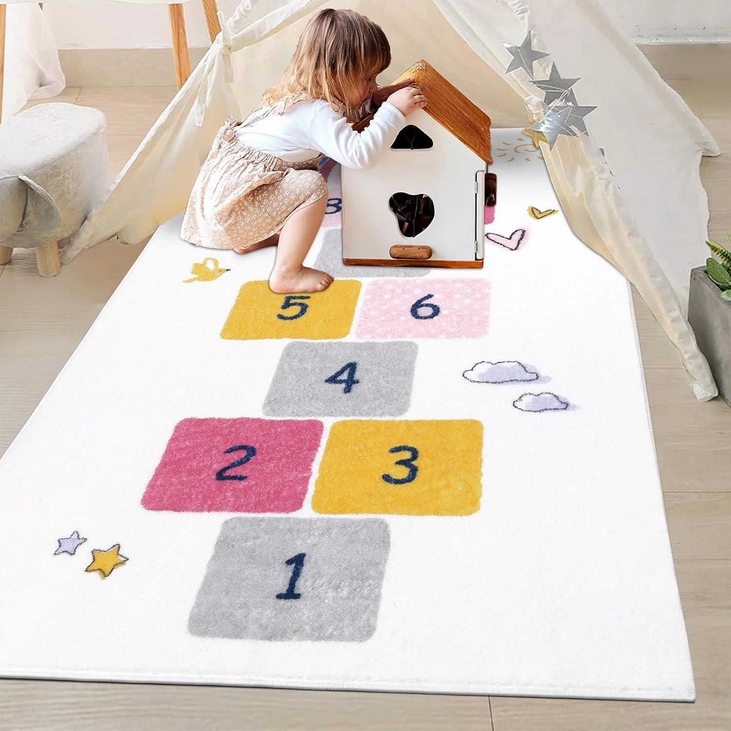 HiiARug Hopscotch Kids Rug 3'x5' Fun and Educational Playroom Rug Soft Durable Rainbow Floor Carpet Kid’s Play Mat for Bedroom, Playroom, Nursery, Gift for Girls & Boys(Colorful)
