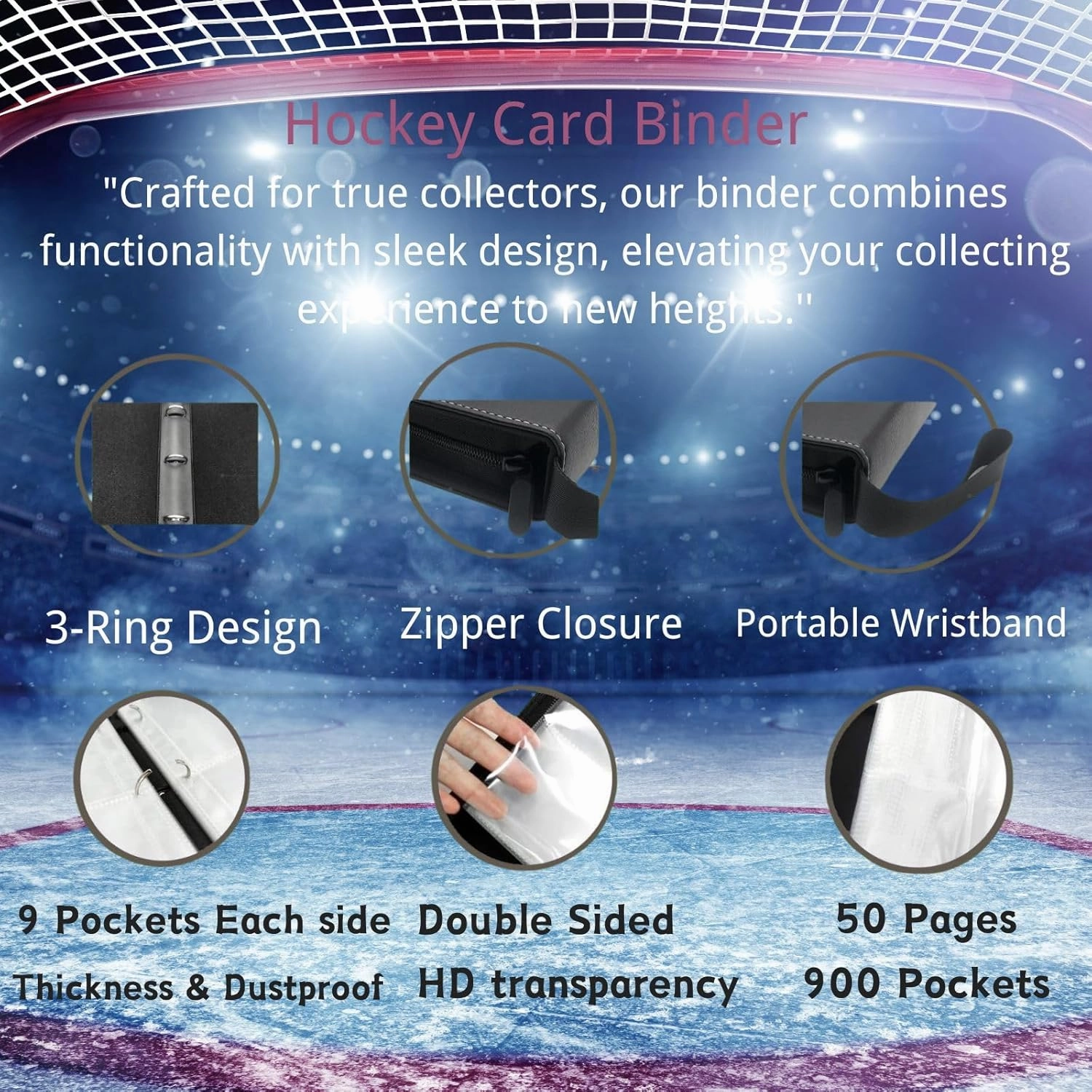 Hockey Card Binder 900 Pockets, Trading Card Binder Sports Card Binder 50 Removable Double Sided Sleeves with Zipper 3-Ring, Hockey Card Holder Baseball Football Soccer Collector Storage Album