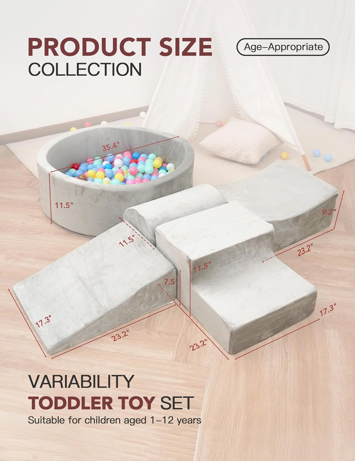 HOFISH 5-Piece Foam Playset for Toddler Children, Playset Designed Easy to Clean or Install, Children Indoor Active Climbing Crawling and Playing -(Balls NOT Included) (Light Gray with ball pit, 5PCS)