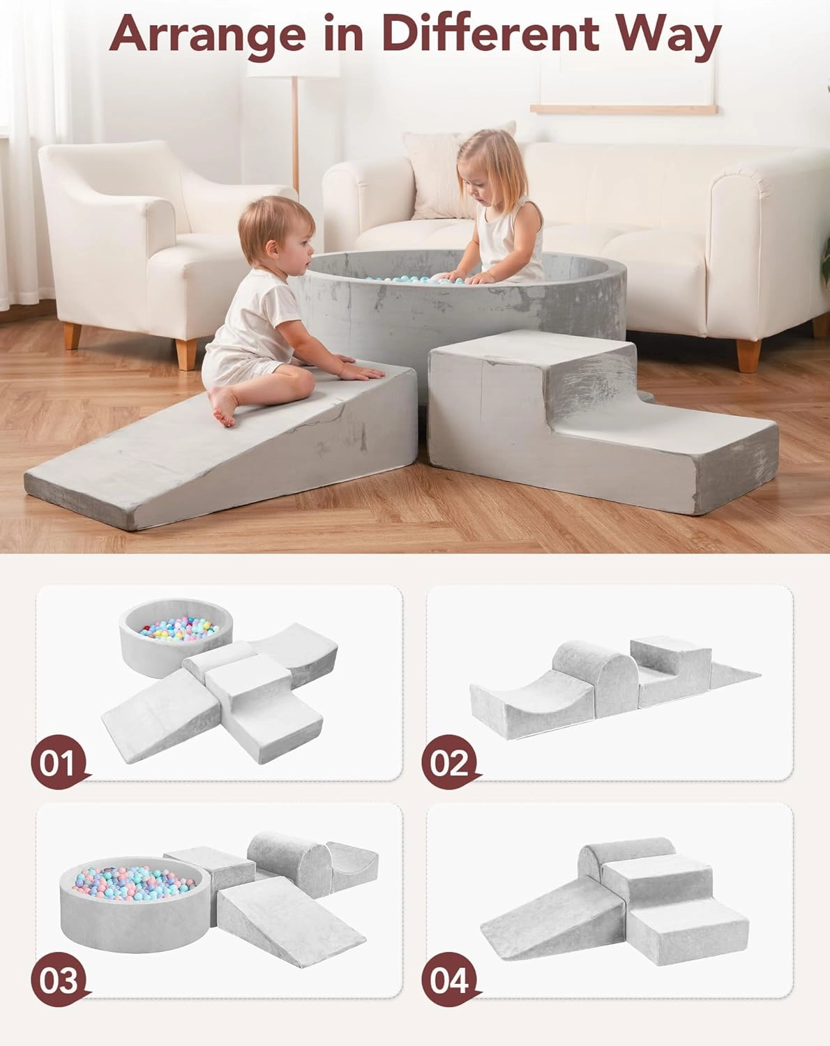 HOFISH 5-Piece Foam Playset for Toddler Children, Playset Designed Easy to Clean or Install, Children Indoor Active Climbing Crawling and Playing -(Balls NOT Included) (Light Gray with ball pit, 5PCS)