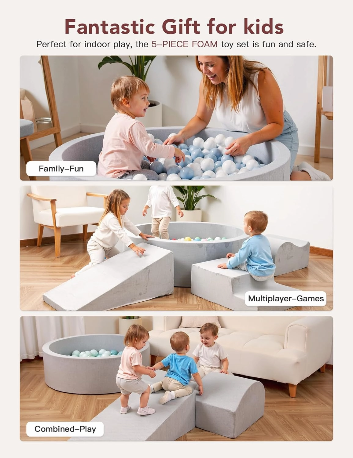 HOFISH 5-Piece Foam Playset for Toddler Children, Playset Designed Easy to Clean or Install, Children Indoor Active Climbing Crawling and Playing -(Balls NOT Included) (Light Gray with ball pit, 5PCS)